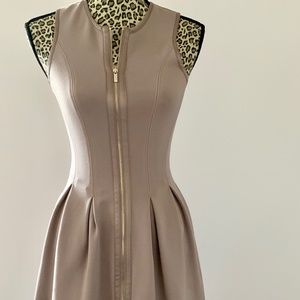 Marciano Dress, elegant taupe colour, sleeveless with gold front zipper, size 4.